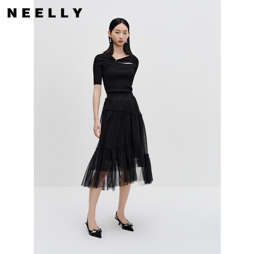NEELLY纳俪商场同款设计感针织衫女秋季新款镂空短袖修身气质上衣N23072A01028 商品图2