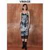 VIMAGE纬漫纪秋新款蕾丝拼印花吊带开叉复古性感连衣裙V2077606 商品缩略图0