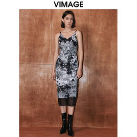 VIMAGE纬漫纪秋新款蕾丝拼印花吊带开叉复古性感连衣裙V2077606
