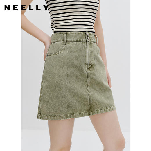 NEELLY纳俪商场同款高腰两粒扣牛仔半身裙女百搭包臀A字裙短裙 商品图0
