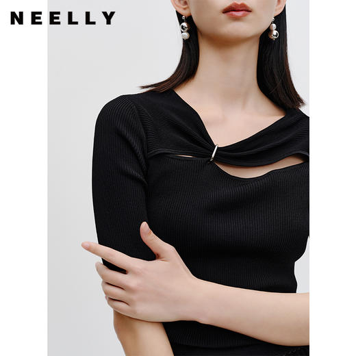 NEELLY纳俪商场同款设计感针织衫女秋季新款镂空短袖修身气质上衣N23072A01028 商品图3