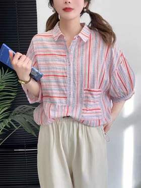 女棉麻条纹衬衫2735