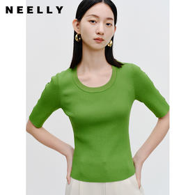 NEELLY纳俪商场同款秋季气质圆领修身针织衫女镂空短袖显瘦上衣N23072A01033