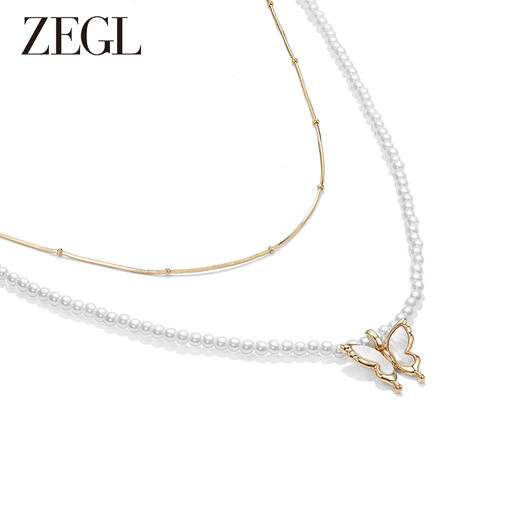 ZEGL蝴蝶人造珍珠叠戴项链女轻奢小众高级感2023年新款双层锁骨链 商品图0