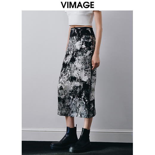 VIMAGE纬漫纪秋季新款高腰复古印花开叉半身裙V2006602 商品图2