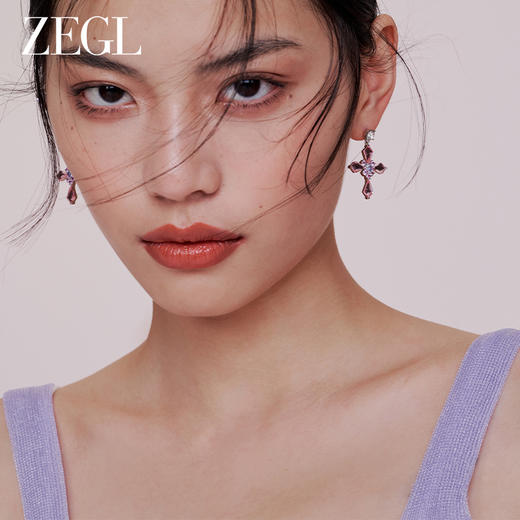 ZEGL设计师仙甜十字架系列紫色耳环女小众高级感耳钉耳夹银针耳饰 商品图4