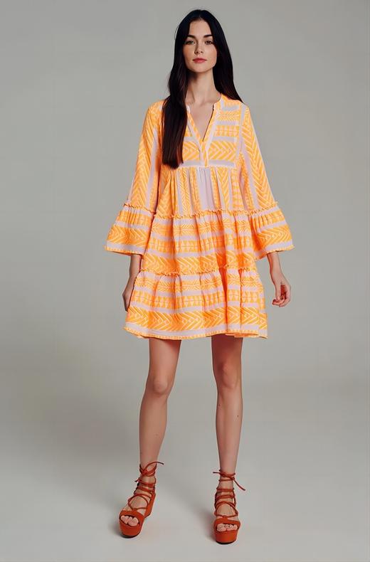 Devotion Twins - ELLA DRESS SHORT - Neon Orange / Off White - 女装 - 连身裙 - 橙色 商品图1