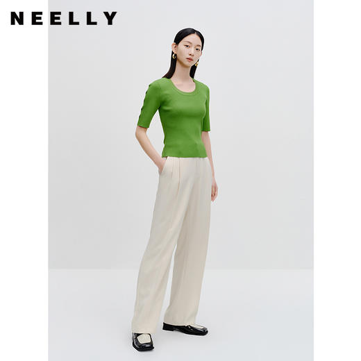 NEELLY纳俪商场同款秋季气质圆领修身针织衫女镂空短袖显瘦上衣N23072A01033 商品图1