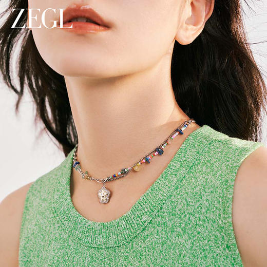 ZEGL彩色笑脸串珠项链女轻奢小众2023新款爆款甜酷夏季双层锁骨链 商品图3