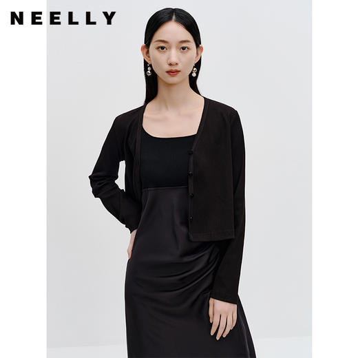 NEELLY纳俪商场同款显瘦收腰针织拼接吊带连衣裙女时尚开衫两件套N23072Z01057 商品图0