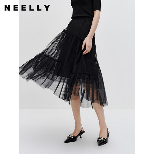 NEELLY纳俪商场同款黑色网纱裙女中长款韩版气质百搭A字裙蓬蓬裙N23072E01050 商品图3