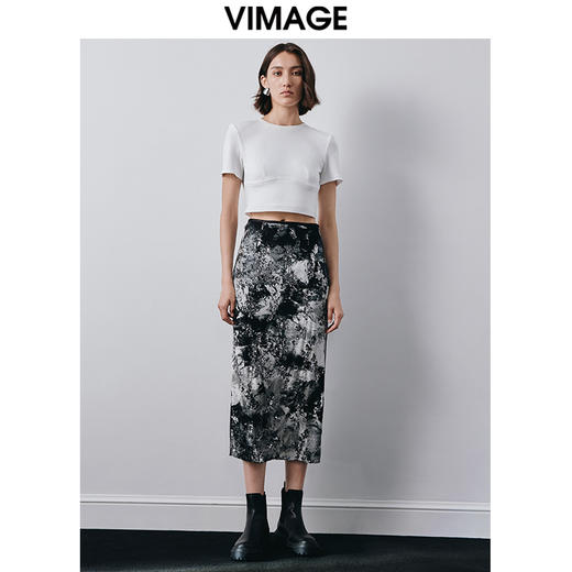 VIMAGE纬漫纪秋季新款高腰复古印花开叉半身裙V2006602 商品图1