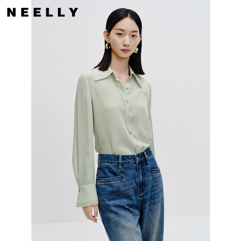NEELLY纳俪商场同款气质翻领雪纺衬衫女长袖单排扣修身上衣百搭