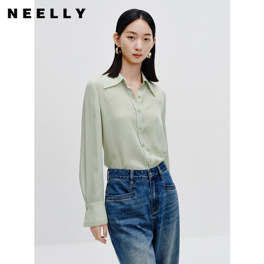 NEELLY纳俪商场同款气质翻领雪纺衬衫女长袖单排扣修身上衣百搭 商品图0