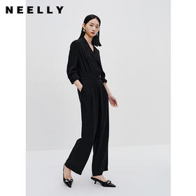 NEELLY纳俪商场同款气质黑色连体裤女雪纺收腰系带西装时尚套装N23072Q01060