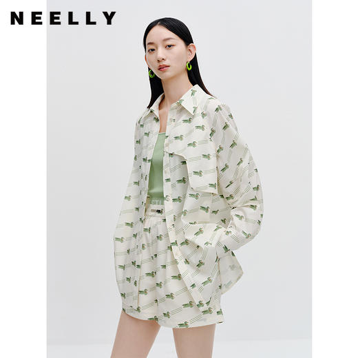 NEELLY纳俪商场同款高级时尚套装显瘦遮肉印花衬衫短裤气质两件套N23072Z01056 商品图0