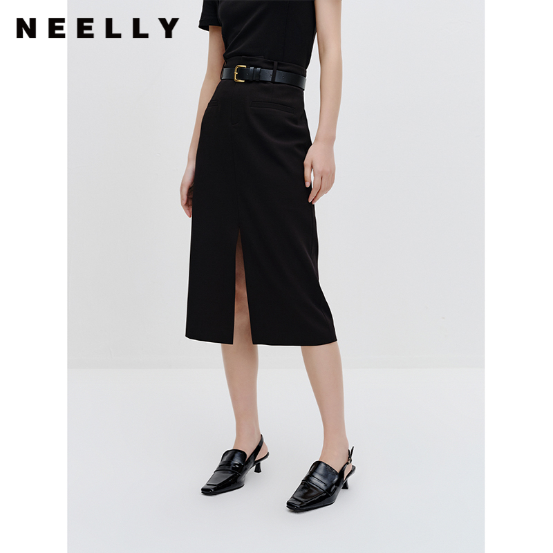 NEELLY纳俪商场同款西装半身裙女收腰前开叉直筒A字裙简约通勤N23072E01052