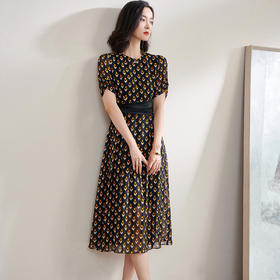 剩S/M 米思阳2024夏季新款时尚复古印花雪纺裙拼接醋酸中长款连衣裙1123