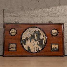 清 红木镶云石五开窗大挂屏