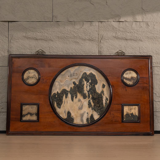 清 红木镶云石五开窗大挂屏 商品图0