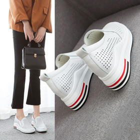 ZHR休闲小白鞋女网洞鞋2023夏秋新款一脚蹬厚底坡跟小白鞋