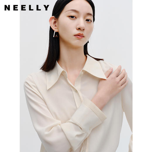NEELLY纳俪商场同款气质翻领雪纺衬衫女长袖单排扣修身上衣百搭 商品图2