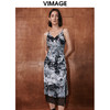 VIMAGE纬漫纪秋新款蕾丝拼印花吊带开叉复古性感连衣裙V2077606 商品缩略图2