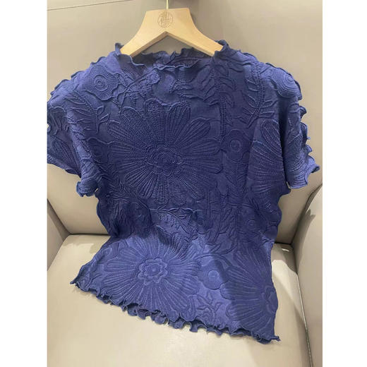 YF22519-4褶皱上衣女新款宽松修身减龄遮肉气质时尚高级设计压花短袖女知性 商品图3