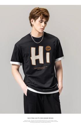 PINLI品立春季新款男士字母圆领短袖T恤休闲上衣BG231111034