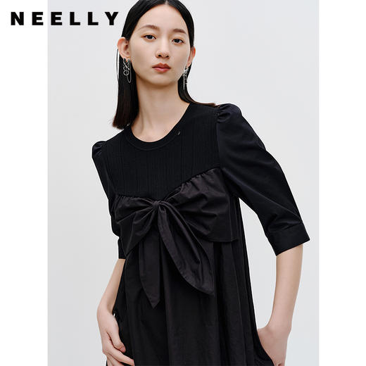 NEELLY纳俪商场同款针织拼接泡泡袖连衣裙女蝴蝶结装饰减龄娃娃裙N23072Y01049 商品图2