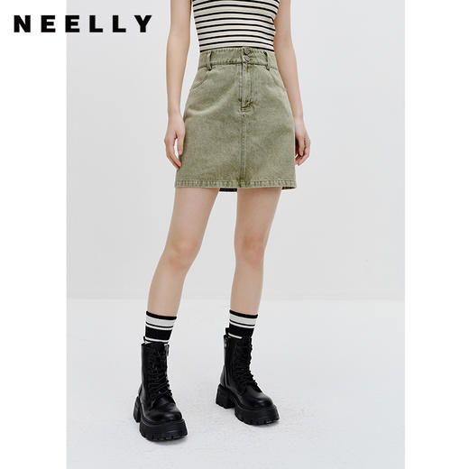 NEELLY纳俪商场同款高腰两粒扣牛仔半身裙女百搭包臀A字裙短裙 商品图2