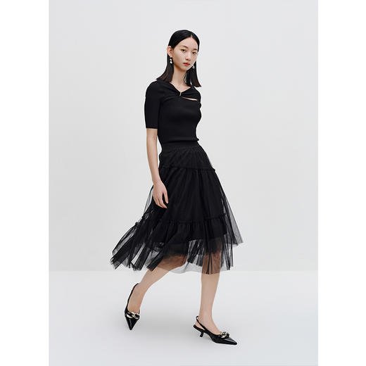 NEELLY纳俪商场同款设计感针织衫女秋季新款镂空短袖修身气质上衣N23072A01028 商品图4