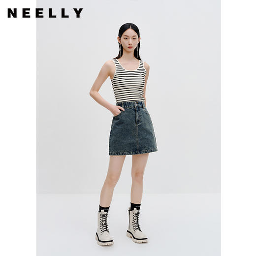 NEELLY纳俪商场同款高腰两粒扣牛仔半身裙女百搭包臀A字裙短裙 商品图3
