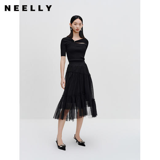 NEELLY纳俪商场同款黑色网纱裙女中长款韩版气质百搭A字裙蓬蓬裙N23072E01050 商品图2