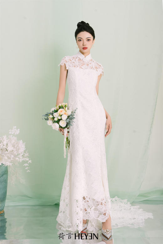 荷言HEYEN 美人如玉 白色蕾丝手工长拖尾新娘旗袍高级定制 商品图6