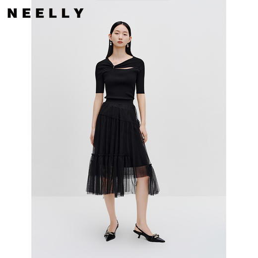 NEELLY纳俪商场同款黑色网纱裙女中长款韩版气质百搭A字裙蓬蓬裙N23072E01050 商品图1