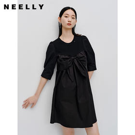 NEELLY纳俪商场同款针织拼接泡泡袖连衣裙女蝴蝶结装饰减龄娃娃裙N23072Y01049