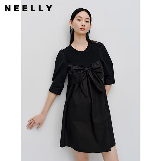 NEELLY纳俪商场同款针织拼接泡泡袖连衣裙女蝴蝶结装饰减龄娃娃裙N23072Y01049 商品图0