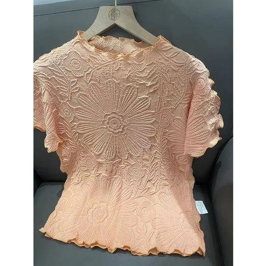 YF22519-4褶皱上衣女新款宽松修身减龄遮肉气质时尚高级设计压花短袖女知性 商品图2