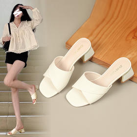 ZHR一字拖鞋女外穿2023夏季新款气质方头粗跟凉拖百搭通勤拖鞋