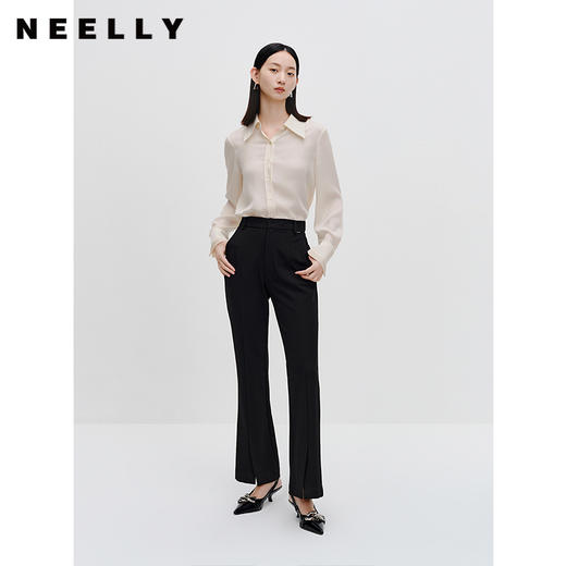 NEELLY纳俪商场同款气质翻领雪纺衬衫女长袖单排扣修身上衣百搭 商品图1