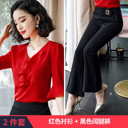 时尚百搭，荷叶边v领中袖上衣薄职业装喇叭袖白色衬衣雪纺衬衫XZ-YJE0565 商品图5