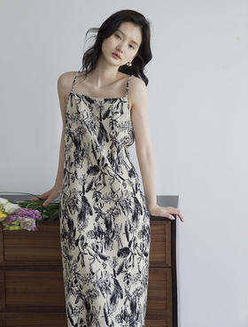 专柜品质 繁叶花丛艺术压褶吊带连衣裙法式吊带连衣裙女褶皱吊带裙设计感长裙