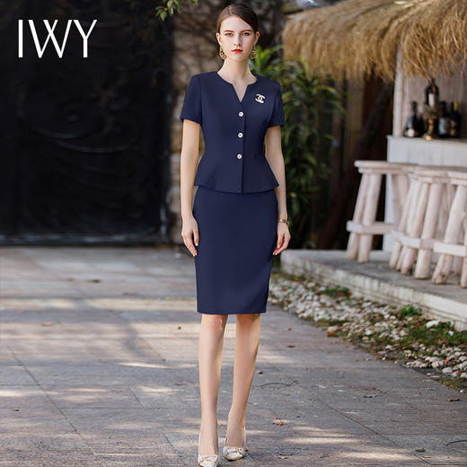 IWY/藏青色短袖西装套裙女夏季新款气质修身显瘦两件套CS01774 商品图0