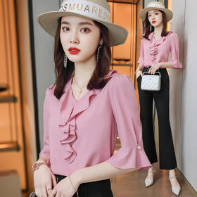 时尚百搭，荷叶边v领中袖上衣薄职业装喇叭袖白色衬衣雪纺衬衫XZ-YJE0565