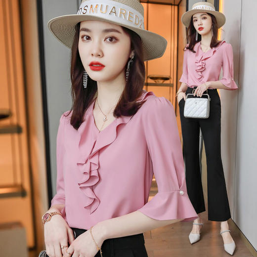 时尚百搭，荷叶边v领中袖上衣薄职业装喇叭袖白色衬衣雪纺衬衫XZ-YJE0565 商品图0