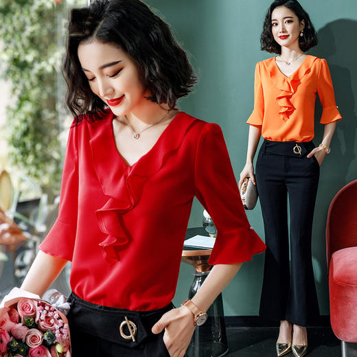 时尚百搭，荷叶边v领中袖上衣薄职业装喇叭袖白色衬衣雪纺衬衫XZ-YJE0565 商品图1