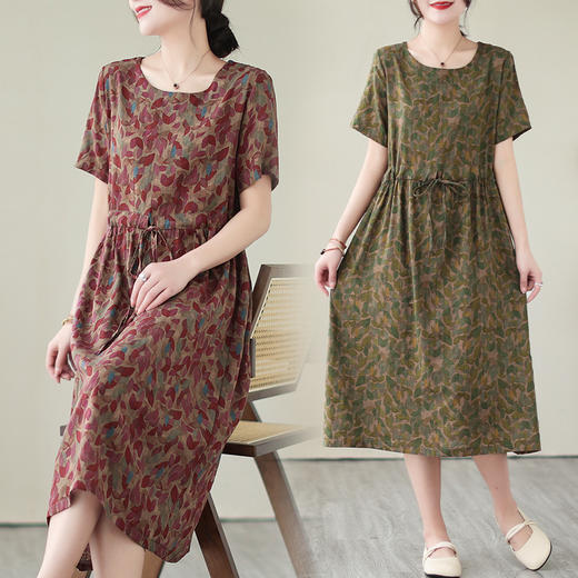 GYH 939棉麻印花复古套头夏季短袖宽松型连衣裙 商品图0