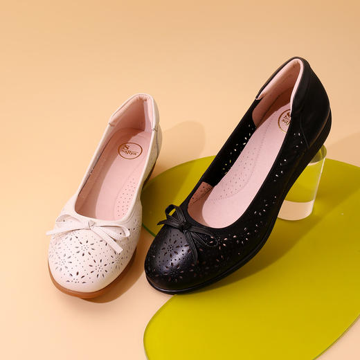Safiya/索菲娅2023新品秋季舒适真皮休闲镂空蝴蝶结牛筋软底坡跟浅口单鞋 SF33111405 商品图2