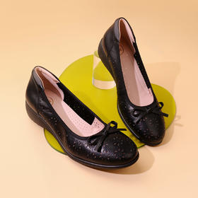 Safiya/索菲娅2023新品秋季舒适真皮休闲镂空蝴蝶结牛筋软底坡跟浅口单鞋 SF33111405